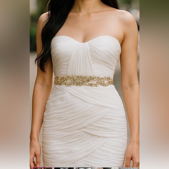 CACHE STRAPLESS GOLD BEADED RHINESTONE RESORT FORMAL WEDDING MINI DRESS SZ 12 - Picture 1 of 15